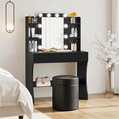 Produktbild von Yaheetech Schminktisch mit LED-Beleuchtung & Spiegel, 3 Farben, 9-stufig einstellbare Helligkeit, mit Schublade & 4 oberen Ablagen, Schwarz