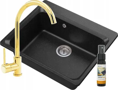 Produktbild von Granitan | Granitspüle ZANTE - 20 cm - Schwarz - Mit goldener Küchenarmatur - Hochwertig und langlebig