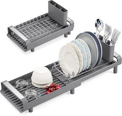 Produktbild von PolkaHome® Verstellbares Abtropfgestell für Geschirr, Edelstahl Tellerständer mit Besteckkorb, Antirutschfüße, Rostfreies