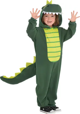 A child wearing a dinosaur costume.