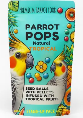 Zdjęcie produktu dla Parrot Pops Tropical Small - Pokarm: ziarno z owocami tropikalnymi w kształcie kuleczek dla średnich i małych papug 250g
