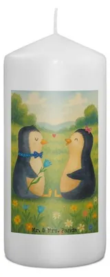 Produktbild von Mr. & Mrs. Panda Kerze Pinguin Pärchen Design 15 x 7 cm - Weiß - Geschenk, Erinnerungskerze, Hochzeitstag, Liebesgeschenk, Verknallt, Bedruckte, Liebe, Erinnerungslicht