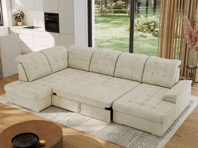 Produktbild von MKS MEBLE Ecksofa Wohnlandschaft U-Form, Sofa mit Schlaffunktion, Schlafsofa mit bettkasten, Couch mit Schlaffunktion - Beige Velvet - Madrito U - links