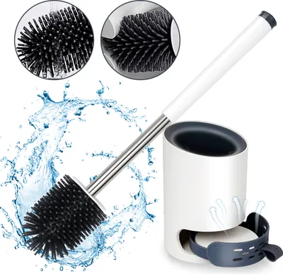 Produktbild von Silikon Klobuerste ,Halter Wandmontage and mit Abnehmbar Wasserspeicherschublade, Stehen WC Buerste ,Edelstahl Langer Stiel ,Ohne Bohren