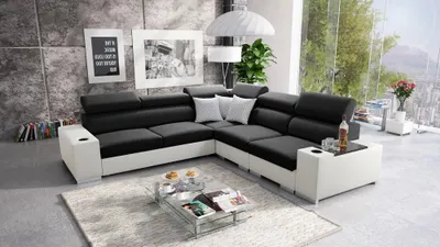 Produktbild von Ecksofa mit Schlaffunktion Eckcouch PERS III Sofa (Schwarz Sawana 14 + weißes Kunstleder, Rechts)