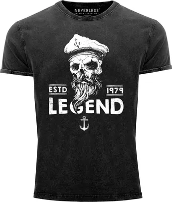 Produktbild von Cooles Angesagtes Herren T-Shirt Vintage Shirt Totenkopf Legend Captain Aufdruck Used Look Slim Fit Neverless® schwarz XL