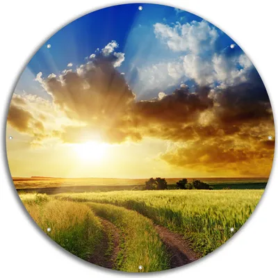 Produktbild von Wallario rundes Outdoor-Poster für Garten oder Balkon, Motiv Feldweg in den Sonnenuntergang, 60 cm Durchmesser