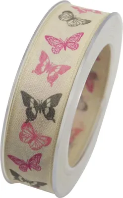 Produktbild von Schleifenband mit Drahtkante SCHMETTERLINGE rosa 20m Rolle Goldina