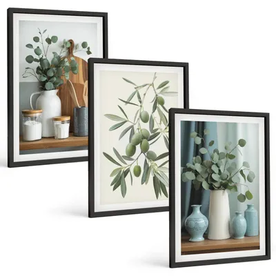 Produktbild von Bilder Set 3-teilig im schwarzen Rahmen – Wandbilder 3 Stück – gerahmte Poster für Wohnzimmer, Schlafzimmer und Flur – 40x60 cm – Grüne Oliven, Eukalyptus