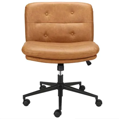 Imagen del producto de Silla de oficina sin reposabrazos con ruedas – Silla giratoria ergonómica con cuero sintético (PU) y asiento ancho – Giratoria 360° – Color marrón – Ideal para el teletrabajo y como silla de tocador