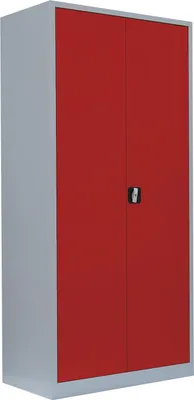A metal storage cabinet with red doors and a gray frame, shown from a three-quarter angle against a white background.