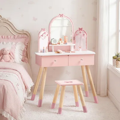 Immagine prodotto di Tavolino da trucco per bambini ROBUD, in legno, con sgabello, specchio e accessori, colore rosa
