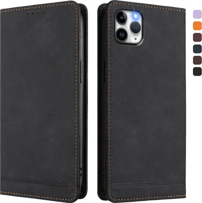 Produktbild von Hülle für iPhone 11 Pro Max, Retro Kunstleder Ständer Klapphülle mit Kartenfächer und Magnetische Schwarz