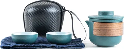 Obrázek produktu pro Cestovní čajový set, přenosný mini keramický set s sítkem, tepelnou ochranou a úložným vakem, pro venkovní použití, zelená konvice + 2 šálky