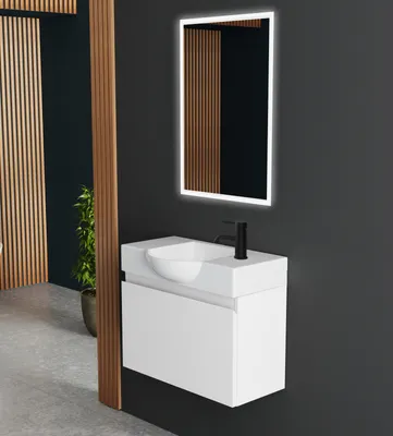 Produktbild von Alpenberger Badmöbel Set mit LED Spiegel | Badschrank Hängend | Badezimmerschrank mit Spiegel | Badmöbel für Kleine Bäder + Gäste WC | Waschtisch mit Unterschrank Weiss Glänzend