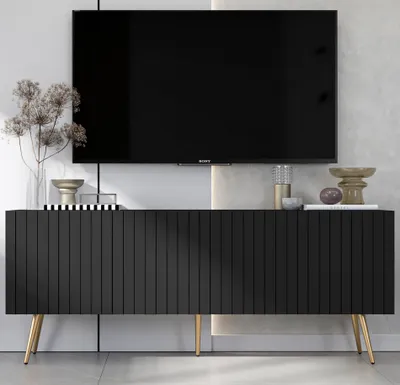 Produktbild von TV-Schrank Glamour RTV RTV-Schrank Elpis - Viertürig - Modern - Lindner Möbel - 150cm x 60,5cm x 36,5cm, Farbe: Schwarz matt, Gold Metallbeine