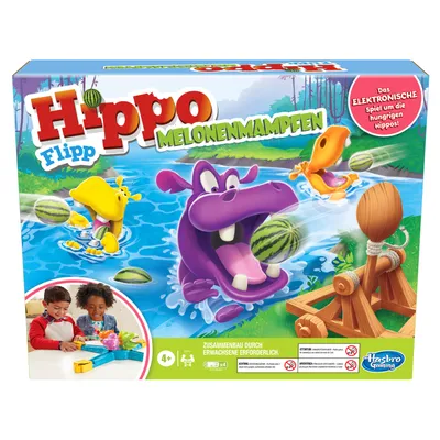 The image shows the packaging for a board game called "Hippo Flipp Melonenmampfen". The game features cartoon hippos and watermelons, with a catapult in the background. Two children are shown playing the game in a circular inset image.