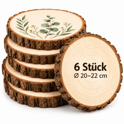 Produktbild von Holzscheiben 20 cm, 6 Stück Baumscheiben 20-22 cm aus Kiefernholz ohne Loch, 20 mm dick, ungeschliffen, zum Basteln, DIY Deko Hochzeit Weihnachten