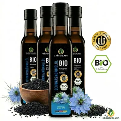 Produktbild von Kräuterland Premium Schwarzkümmelöl 4x 250ml gefiltert, kaltgepresst