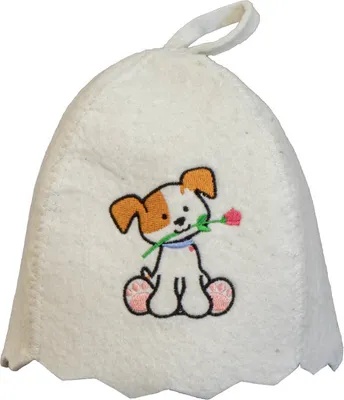Produktbild von Kinder- Saunahut hell mit Stickerei Hund Filzkappe für Sauna Saunamütze H - 21 cm