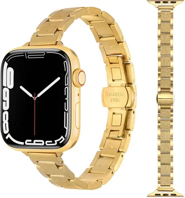 Produktbild von FFO2World schlankes Edelstahlarmband mit mattem Glitzer-Mittelglied für Apple Watch 42/41/40/38 mm (Serie 1–11, SE) – Gold
