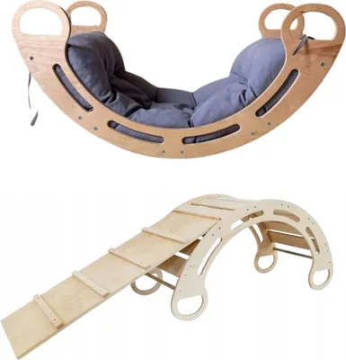 Produktbild von Montessori-Schaukel mit Kissen (grau) und Rutsche, natur, 85 cm, 5 in 1, 7 in 1