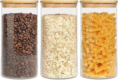 Produktbild von PolkaHome® 900 ml luftdichte Vorratsbehälter, Set mit 3, mit Bambusdeckel – transparente Küchengläser für Lebensmittel