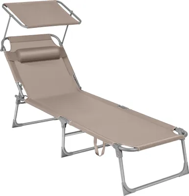A taupe colored folding lounge chair with a sunshade and headrest, shown against a white background.