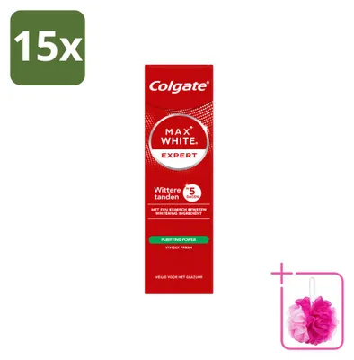 Imagen del producto de 15 unidades de pasta dental Colgate Max White Expert Purifying Power, blanqueadora, 75 ml. Paquete económico