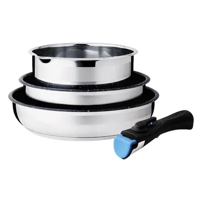 A stack of three metal pots and a detachable black handle with a blue accent.
