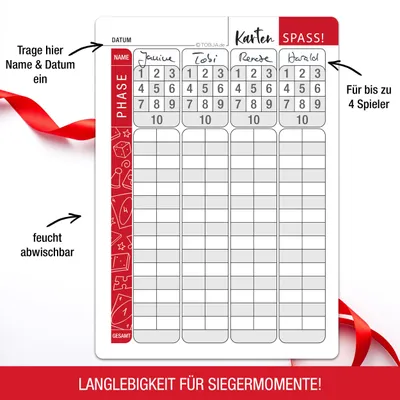 Produktbild von Abwischbare Ersatzblätter im Set mit Markenstift A6 - Extra Große Zahlen und Buchstaben | Senioren geeignet | Übersichtliches Design der Phasen | Wertungsblatt für Kartenspiel