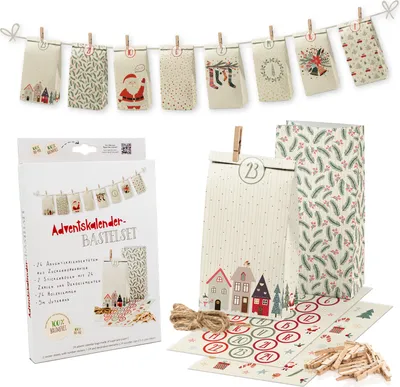 Produktbild von GreenLine Adventskalender Set - Kreatives DIY Bastelset mit 24 bedruckten Tüten, Stickerbögen & Holzklemmen - persönliche Gestaltung Vorweihnachtszeit