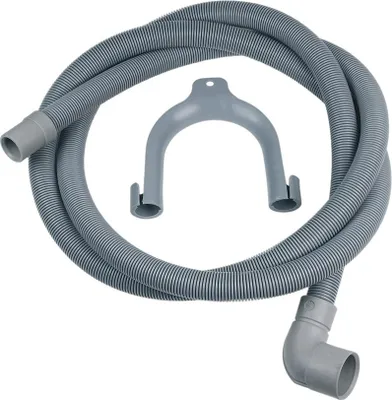 A gray corrugated drain hose with a U-shaped hose guide and an elbow connector, laid out on a white background.