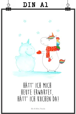 Produktbild von Mr. & Mrs. Panda Bild Einhorn Schneemann DIN A1 - Weiß - Geschenk, Weihnachten, Winter, wanddeko, Wandbild, drucke, Schnee, Unicorn, Plakat, Kuchen, Posterdruck