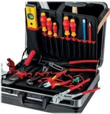 An open toolbox filled with various tools, including screwdrivers, pliers, and a level.