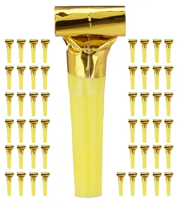 Immagine prodotto di Relaxdays Trombe da festa, confezione da 50, trombe a fiato per bambini, trombe per feste di compleanno, set da festa con strumenti rumorosi, trombe a fiato, oro