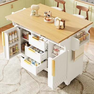 Obrázek produktu pro Mobilní kuchyňský ostrov s výsuvnou pracovní deskou, kuchyňský vozík se zásuvkami a dvířky, s vertikálním vzorem, kuchyňský bufet s kolečky, bílá barva
