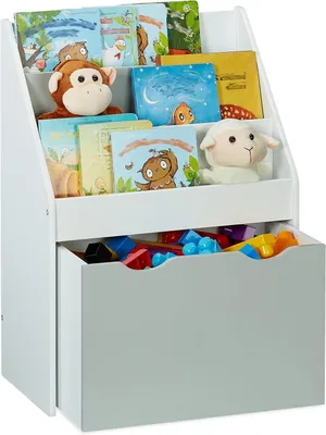Produktbild von Spielzeugschrank mit 3 Fächern - Spielzeugkiste auf Rollen - 70 x 50,5 x 28 cm - Spielzeugaufbewahrungsbox - Weiß - Grau