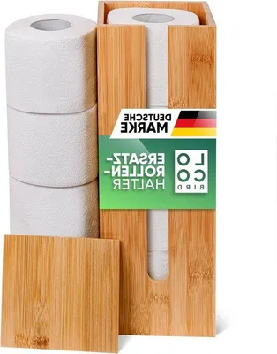 Produktbild von Famanu Toilettenpapierhalter für 4 Rollen Bambus mit Deckel und Ablage - Stehende Reserve Rollehalter