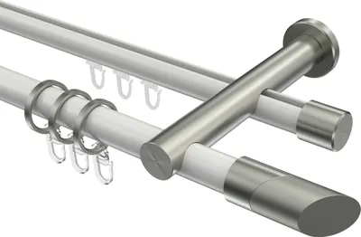 Produktbild von Interdeco Rundrohr-Innenlaufstange / Gardinenstange (Kombination) Weiß / Edelstahl-Optik, Typ Platon Verano (Schräge Bicolor), 20 mm Ø 2-läufig, 320 cm