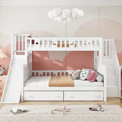 Productafbeelding van Kinderekkerbed 90x200 cm (boven) en 140x200 cm (onder), massief houten etagebed met glijbaan, plank, 2 lades en lattenbodem, wit