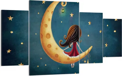 Produktbild von Bild auf Leinwand - Leinwandbild - 4 Teile - Kinder Mädchen Mond - 160x90cm - Wand Bild - Wanddeko - Wandbilder - Leinwanddruck - Bilder - Wanddekoration - Leinwand bilder - Wandbild - DL160x90-4683