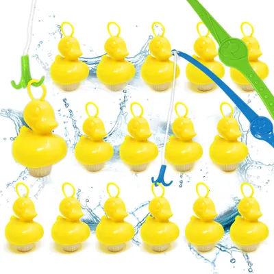 Produktbild von Enten Angeln | 16x gelbe Entchen mit Öse & Gewicht | Inkl. 2 Angeln | Entenangeln Spiel Wasser groß | Perfekt für Firmenfeiern, Kita, Kindergeburtstag | Schwimmenten für Pool & Jahrmarkt