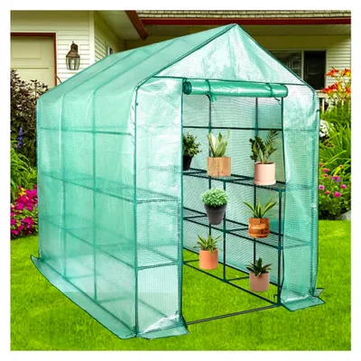 Produktbild von Gewächshaus mit wasserdichter PE-Gitterfolie - Foliengewächshaus - grün - Stahl - Tomatengewächshaus - Gartenhaus mit Pflanzenhaltern - Treibhaus - Balkon/Garten (143x213x196cm)