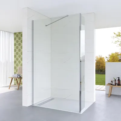 Produktbild von AQUABATOS® Walk-in Dusche Duschabtrennung Sicherheitsglas 8mm Glaswand Nano Beschichtung Duschtrennwand Easy Clean Seitenwand mit Stabilisierungsstange Winkelbar Silber 110 x 200 cm