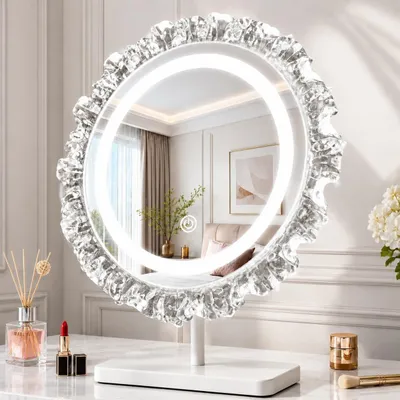 Productafbeelding van ZMH Ronde make-upspiegel met verlichting, Hollywood-stijl, 30x38 cm. LED-make-upspiegel voor een make-uptafel of kaptafel. Kleine, ronde make-upspiegel