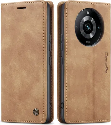 A brown leather phone case for a Realme 11 Pro/Pro+ is shown from two angles.