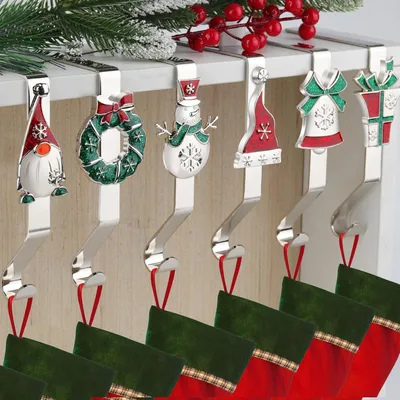 Productafbeelding van Kerstkous hangers voor open haard - Set van 6 - 6 stijlen kerstkous houders voor mantel antislip