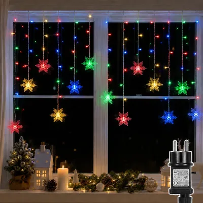 Produktbild von 1,8M LED Lichterkette Schneeflocke Lichtervorhang Wasserdicht 8 Lichtmodi Innen Garten Weihnachten Deko, Bunt