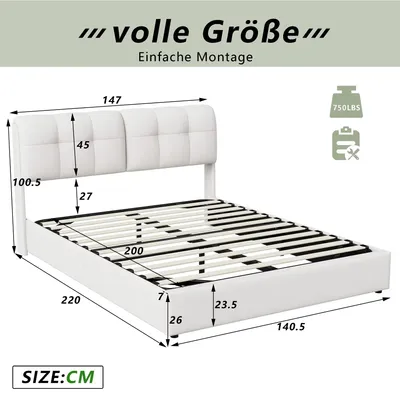 Zdjęcie produktu dla Łóżko tapicerowane - platforma - 140 x 200 cm - pojemnik na pościel z podnoszeniem hydraulicznym - oświetlenie LED w 7 kolorach - obicie z aksamitu - kolor beżowy